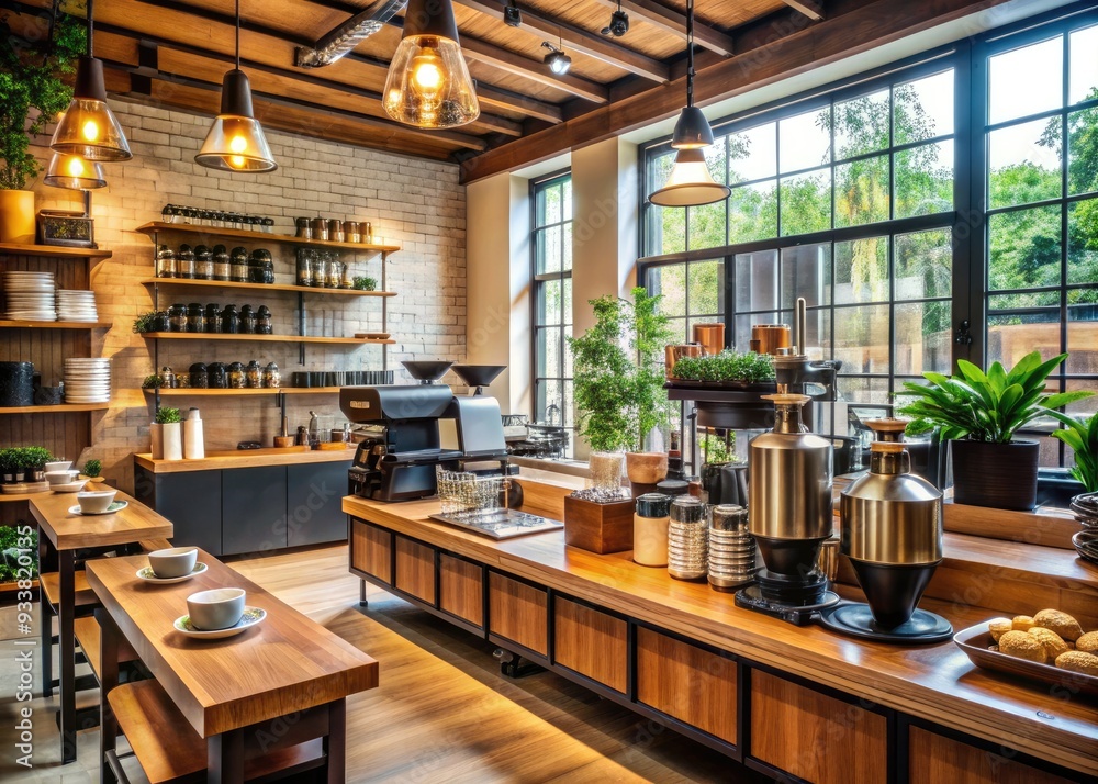 Variety of artisanal coffee products on display, including beans, grounds, and brewing equipment, at a modern coffee shop with a warm and inviting atmosphere. Variety of artisanal coffee products on display, including beans, grounds, and brewing equipment, at a modern coffee shop with a warm and inviting atmosphere.