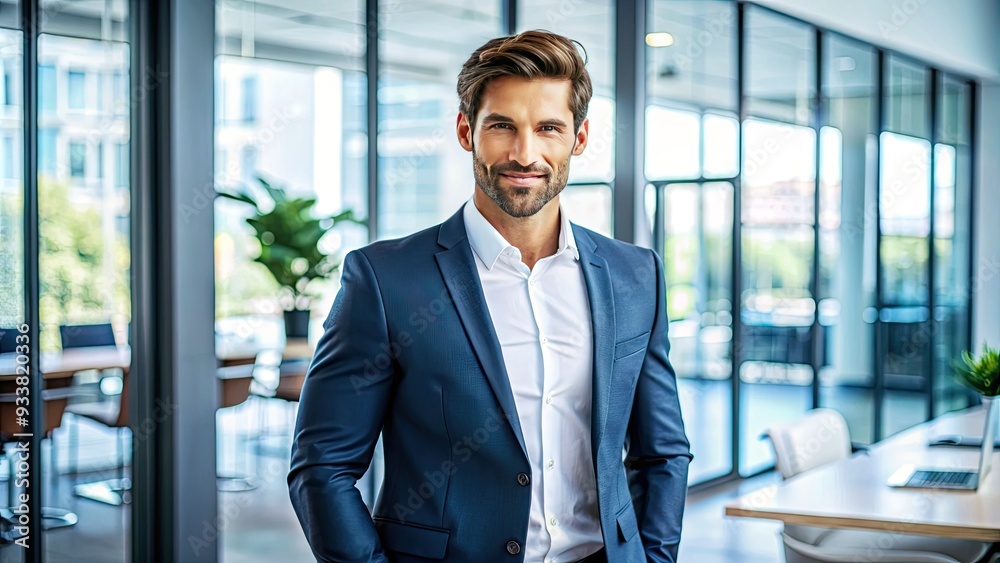 A strong-jawed, confident businessman in a crisp white dress shirt and fitted blazer stands proudly in a modern office, exuding professionalism and success.