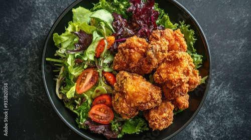 Green salad and crispy fried chicken, capturing the essence of a balanced meal.