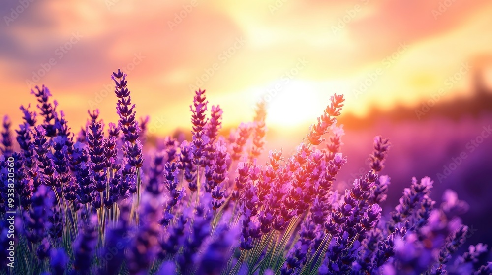 Naklejka premium Lavender flowers on sunset background. Beautiful blooming lavender field with generative ai