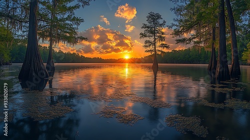 Fototapeta Naklejka Na Ścianę i Meble -  A breathtaking sunrise over a tranquil lake with cypress trees reflected in the water.