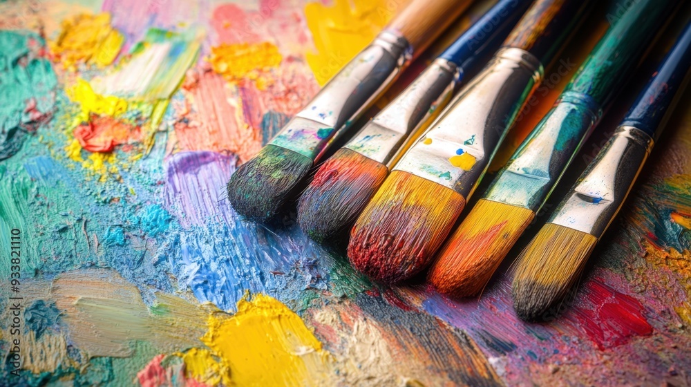 Obraz premium Artistic palette with vibrant colors, brushes, and abstract strokes, suggesting creative expression.