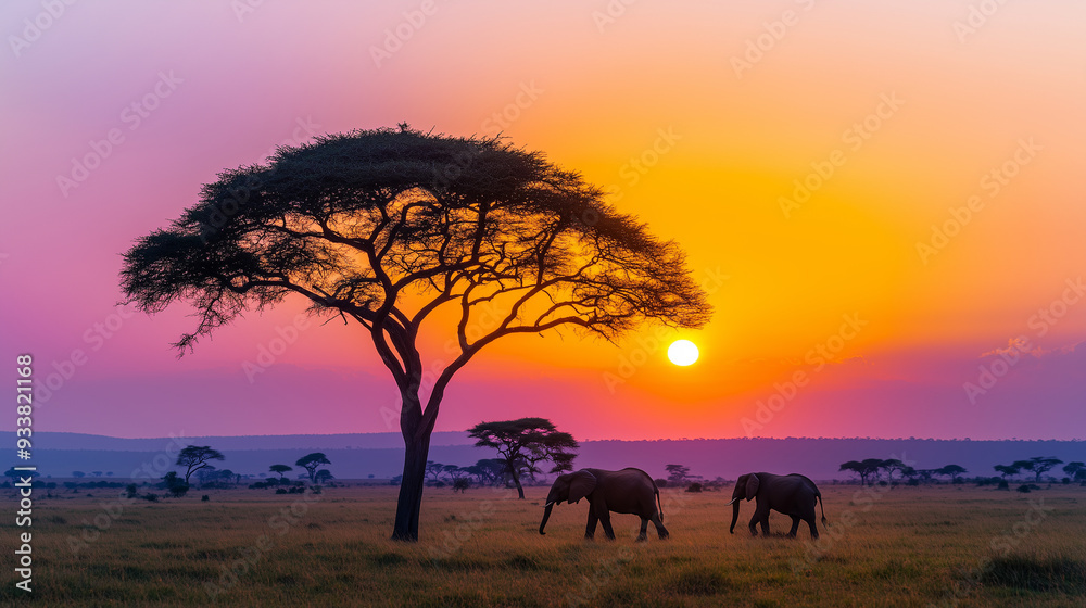 Two elephants are walking in a field with a tree in the background Two elephants are walking in a field with a tree in the background