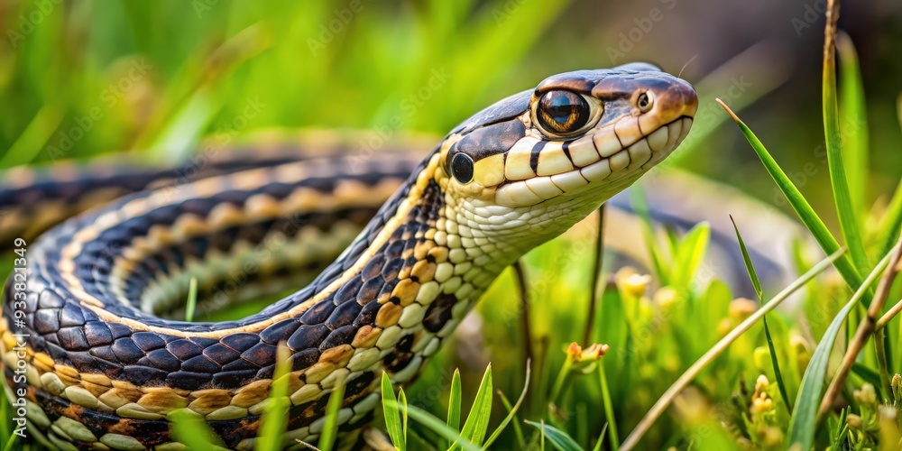 Garter snake slithering through grass, wildlife, reptile, serpent, nature, garden, crawling, scales, slimy