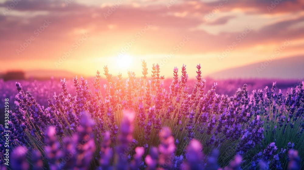 Naklejka premium Lavender flowers on sunset background. Beautiful blooming lavender field with generative ai
