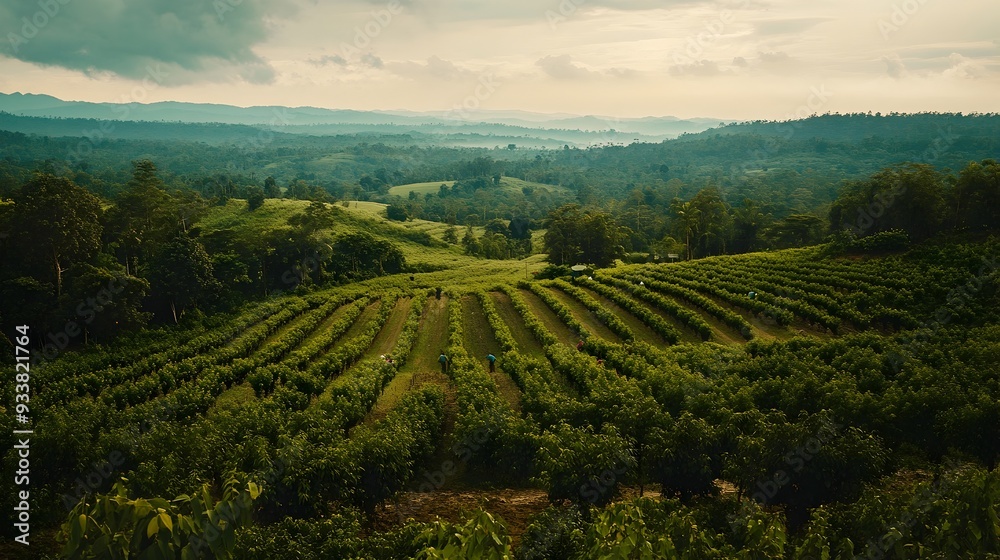custom made wallpaper toronto digitalExpansive Rubber Plantation with Hardworking Harvesters Gathering Precious Latex from Rows of Towering Rubber Trees in a Lush Tropical Landscape
