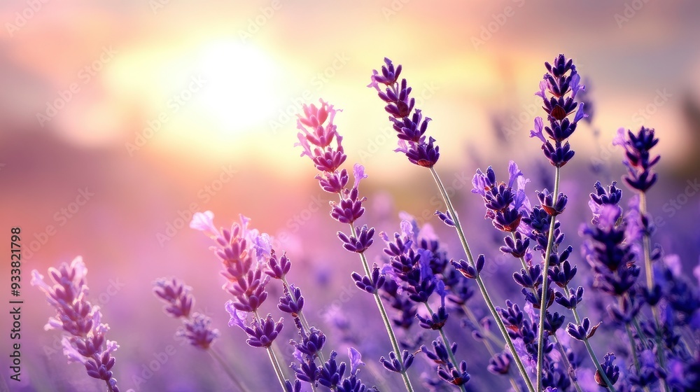 Obraz premium Lavender flowers on sunset background. Beautiful blooming lavender field with generative ai