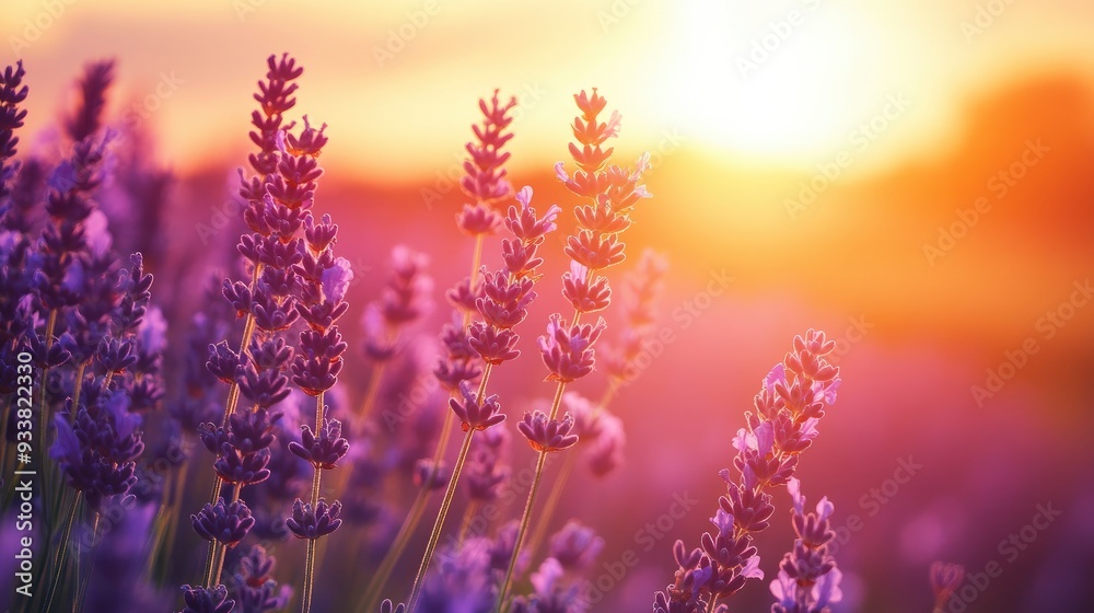 Obraz premium Lavender flowers on sunset background. Beautiful blooming lavender field with generative ai