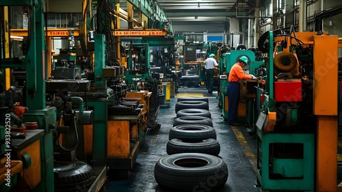 Rubber Tyre Manufacturing Process Machinery and workers shaping vulcanizing and inspecting the final automobile tire products in an industrial factory setting photo