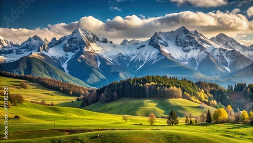Serene mountain landscape with snow-capped peaks and rolling hills, mountains, nature, scenic, wilderness, panoramic, tranquil