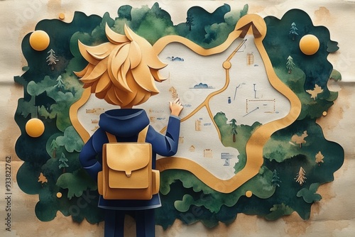 Mission-Driven Business Strategy with Cartoon Character and Roadmap in Watercolor Style