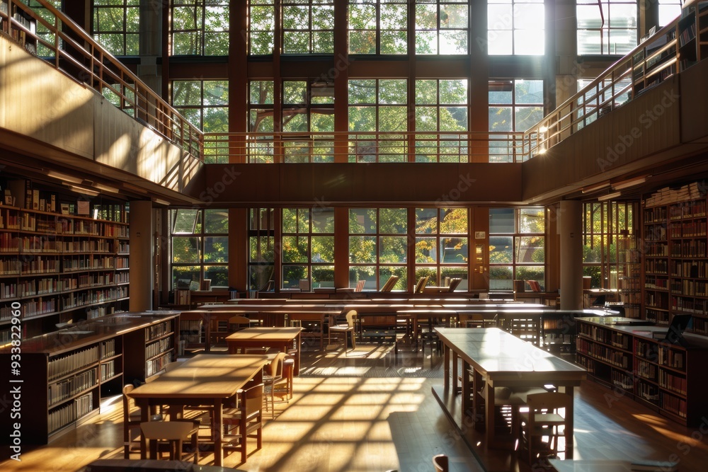 Fototapeta premium Elegant library interior featuring tall bookshelves, a large study table, and reading chairs.