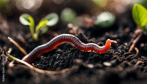 Earthworms in black soil of greenhouse. Macro Brandling, panfish, trout, tiger, red wiggler, Eisenia fetida. Garden compost and worms recycling plant waste into rich soil improver and fertilizer
 photo