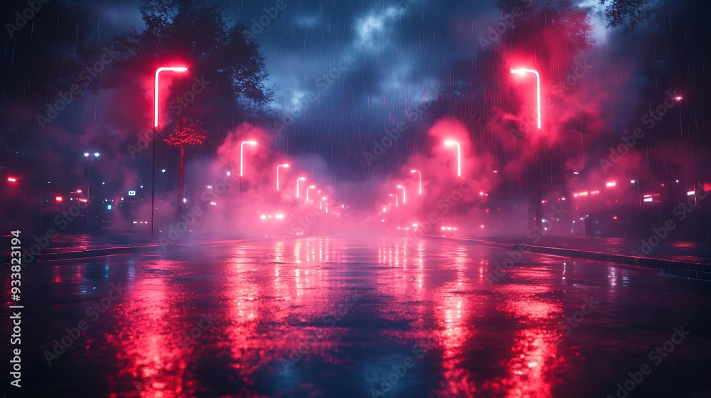 Fototapeta premium A city street at night with neon lights reflecting in puddles of rain.