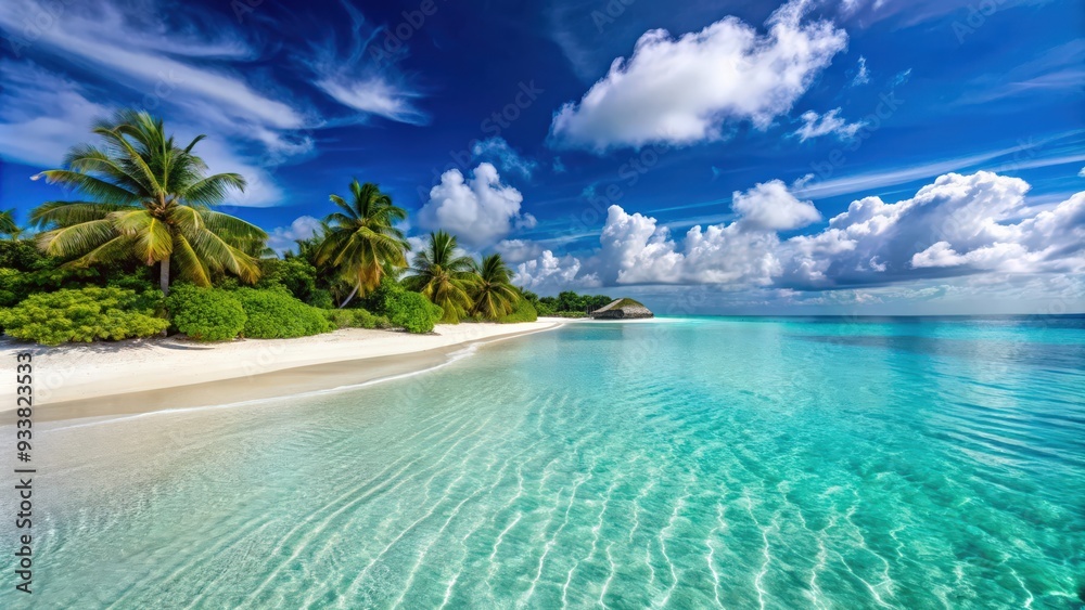 Fototapeta premium Beautiful white sand beaches with crystal clear turquoise water in the Maldives, maldives, beach, paradise, tropical, summer
