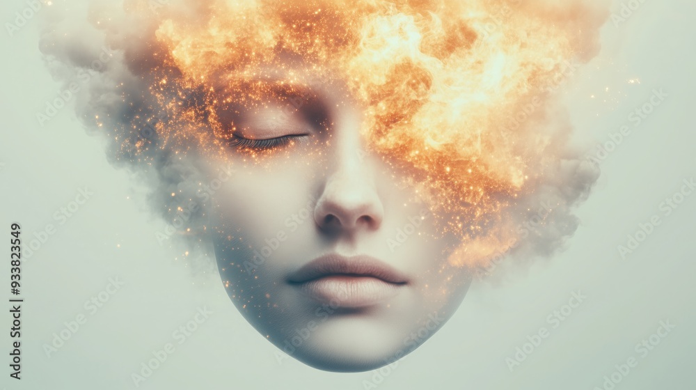 Fototapeta premium Abstract profile of a woman's face merging with glowing energy and sparks, symbolizing creativity, imagination, and cosmic power.