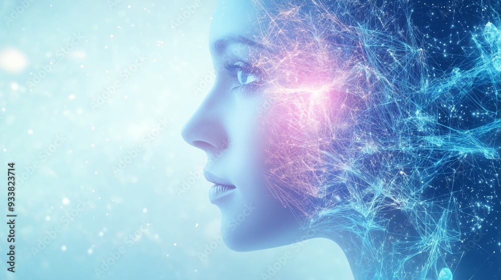 Surreal profile of a woman merging with the cosmos, representing creativity, cosmic energy, and the limitless possibilities of the mind. Surreal profile of a woman merging with the cosmos, representing creativity, cosmic energy, and the limitless possibilities of the mind.