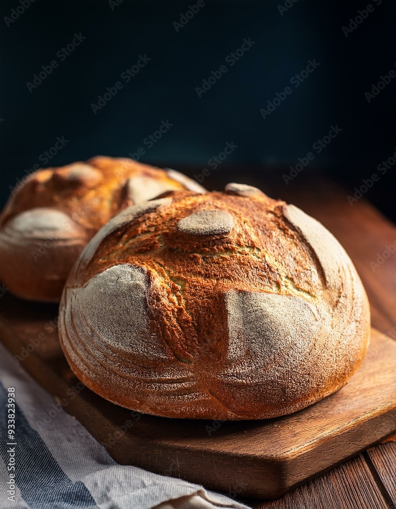 Rustic crusty loaves of bread on wooden cutboard. Bakery concept with homemade circle bread.
