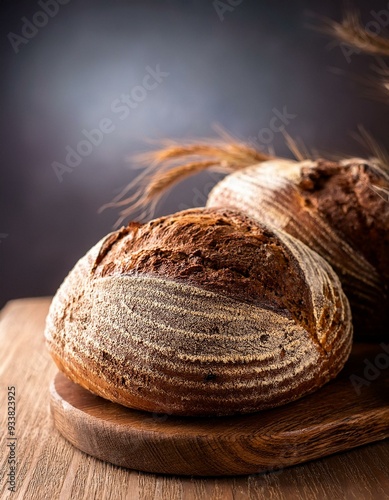 Rustic crusty loaves of bread on wooden cutboard. Bakery concept with homemade circle bread. photo