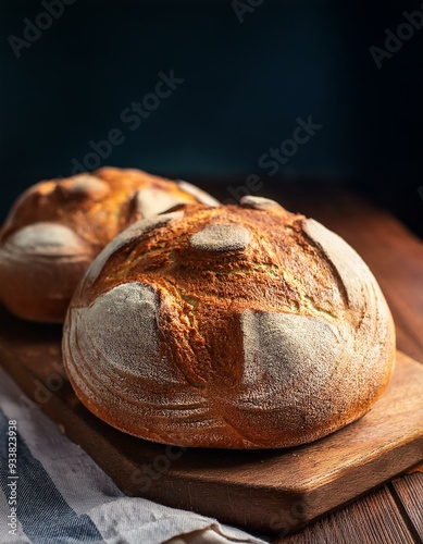 Obraz na płótnie Rustic crusty loaves of bread on wooden cutboard. Bakery concept with homemade circle bread. w salonie