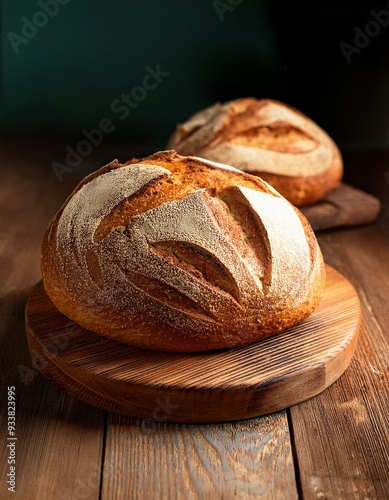 Rustic crusty loaves of bread on wooden cutboard. Bakery concept with homemade circle bread. photo