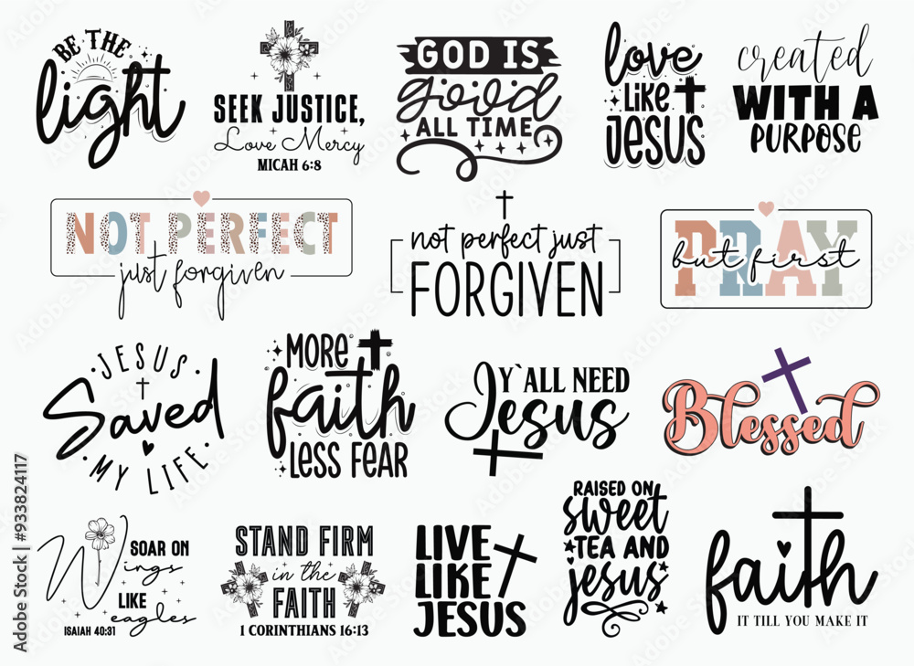 Fototapeta premium Christian T-shirt Design Set, Christian T-shirt Design, Christian SVG Design, Boho Christian SVG, Bible Verse SVG, Scripture SVG, God Jesus SVG, Psalm SVG, Love Faith SVG, Christian t-shirt Design