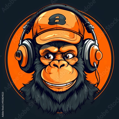 A cartoon gorilla wearing headphones and a cap with an orange background photo