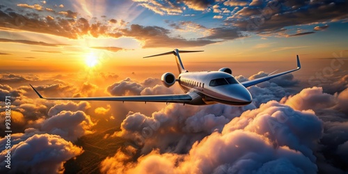 Fototapeta Naklejka Na Ścianę i Meble -  Private jetplane flying over majestic clouds and landscape at sunset, private jet, flying, clouds, landscape, sunset