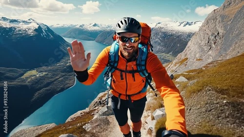Summit Selfie: A hiker waves triumphantly from a breathtaking mountain summit, showcasing a panoramic view of a picturesque Norwegian fjord.  
