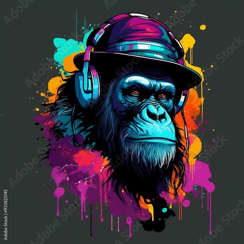 Colorful illustration of a gorilla wearing headphones and a hat surrounded by vibrant splashes of paint photo