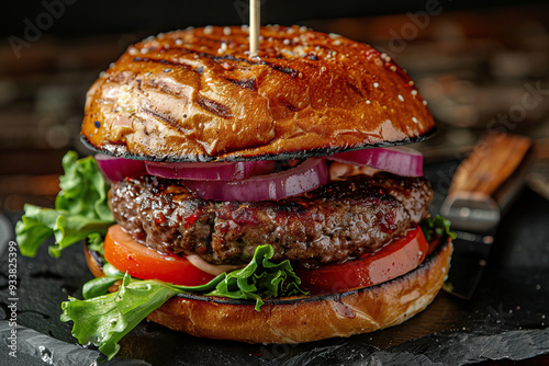 A juicy burger with American cheese on a sesame bun, served as finger food in an indoor setting. Dominant colors are black and brown. photo