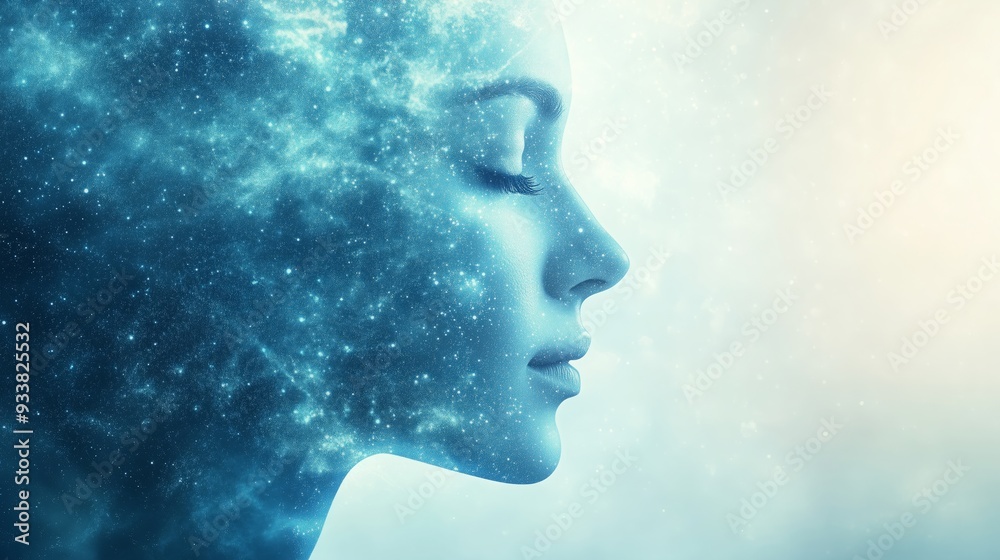 Surreal profile of a woman merging with the cosmos, representing creativity, cosmic energy, and the limitless possibilities of the mind. Surreal profile of a woman merging with the cosmos, representing creativity, cosmic energy, and the limitless possibilities of the mind.