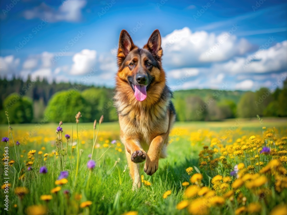 A vibrant German Shepherd dog joyfully runs and twirls in a lush green meadow, surrounded by blooming wildflowers, under a bright blue spring sky in rural Sweden. A vibrant German Shepherd dog joyfully runs and twirls in a lush green meadow, surrounded by blooming wildflowers, under a bright blue spring sky in rural Sweden.