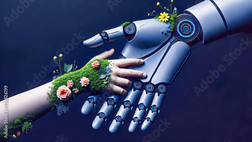 A robotic hand gently holds a a little girl's hand covered in flowers and greenery, symbolizing the harmony between technology and nature