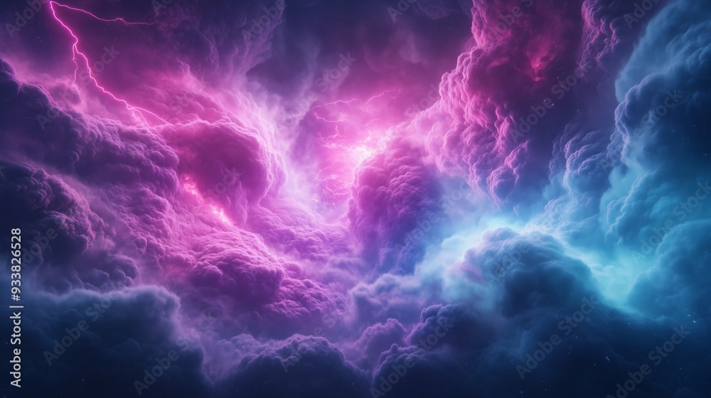 Vibrant neon-colored clouds with electric lightning. A dramatic and surreal sky perfect for fantasy, weather, and abstract designs.