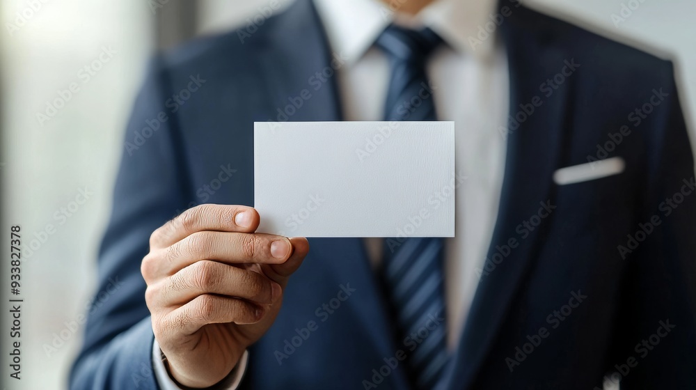 Card held by businessman in white space. Card held by businessman in white space.