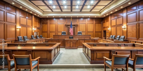 Empty courtroom with wooden benches and judge's bench , courtroom, legal, justice, empty, law, trial, judge, court photo