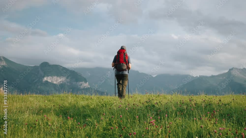 Rear view wide angle steady shot of man walking on green meadow hill overlooking epic mountain peaks covered with clouds, red backpack. Male backpacker travel explorer, sunny summer day Rear view wide angle steady shot of man walking on green meadow hill overlooking epic mountain peaks covered with clouds, red backpack. Male backpacker travel explorer, sunny summer day