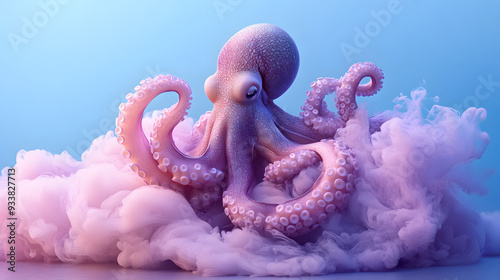 Dramatic octopus emerging from ink cloud with neon spotlight.