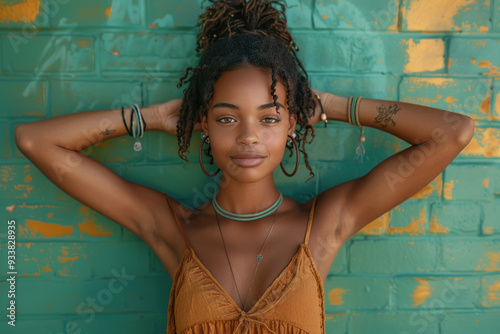 Confident young woman posing against a colorful urban wall