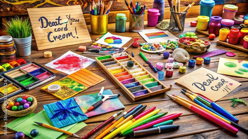 Vibrant art supplies scattered on a wooden table, surrounded by colorful papers and inspirational quotes, creating a lively atmosphere for a creative workshop. Vibrant art supplies scattered on a wooden table, surrounded by colorful papers and inspirational quotes, creating a lively atmosphere for a creative workshop.