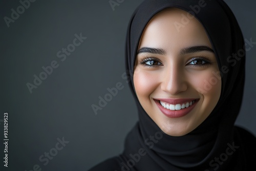 Smiling woman in hijab with radiant skin and bright teeth photo