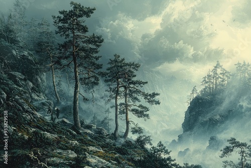 Moody landscape of misty pine forest with dramatic cloudy sky photo