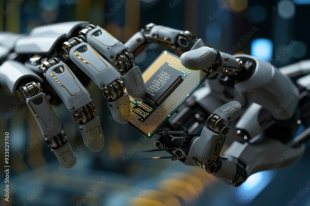 Modern High Tech Authentic Robot Arm Holding Contemporary Super Computer Processor. Industrial Robotic Manipulator End Effector Holding CPU Chip Modern High Tech Authentic Robot Arm Holding Contemporary Super Computer Processor. Industrial Robotic Manipulator End Effector Holding CPU Chip