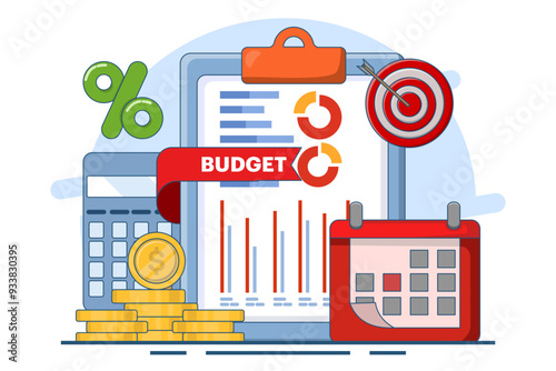 Budget calculation concept, budget business strategy, finance and accounting, economics and investment, budget calculation, profit and loss, report graph creation from data, flat vector illustration.