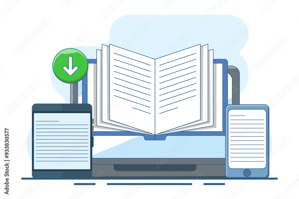 E-book download concept, Reading e-books on mobile or computer, E-book collection. Library archive, e-reading, literature. Content on screen - conceptual landing page template with icons and text. E-book download concept, Reading e-books on mobile or computer, E-book collection. Library archive, e-reading, literature. Content on screen - conceptual landing page template with icons and text.