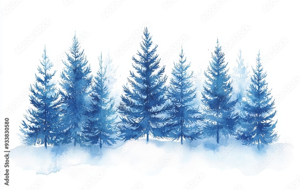 Illustration of a snowy forest with fir trees, winter nature, conifer, rural landscape, outdoor scene, isolated on white.