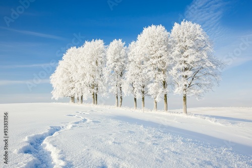 The trees are rimed with hoarfrost on a cold winter day