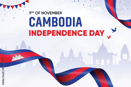 Cambodia Flag Waving On Skyline Background. Independence Day Concept Design Vector Illustration.