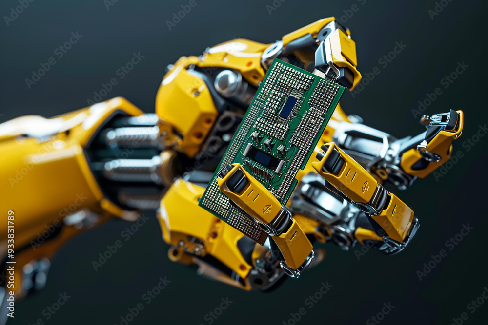 Modern High Tech Authentic Robot Arm Holding Contemporary Super Computer Processor. Industrial Robotic Manipulator End Effector Holding CPU Chip